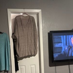 Eileen Fisher Taupe V‑Neck Knit Tunic with Pocket